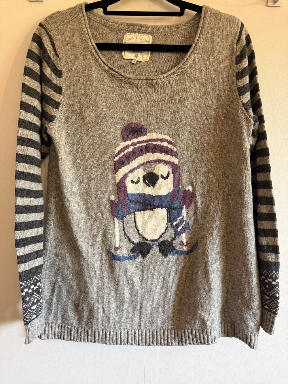 Faithful & True Mandalay Owl Ski Sweater Size 14 Wool Blend Striped Sleeve USA10